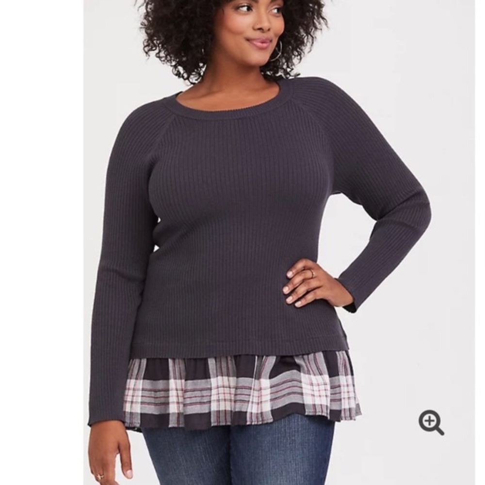 Torrid 4 Grey Ribbed Knit Plaid Trim Layered Sweater